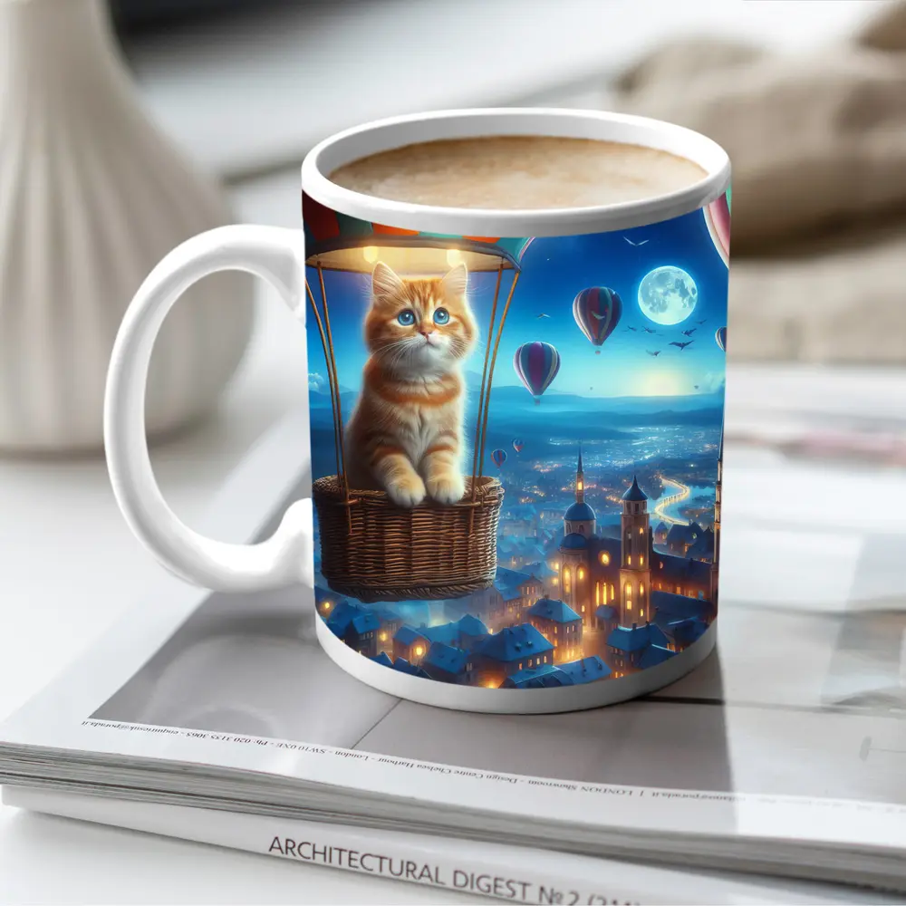 Ginger Kitten Hot Air Balloon Night City – Mugs
