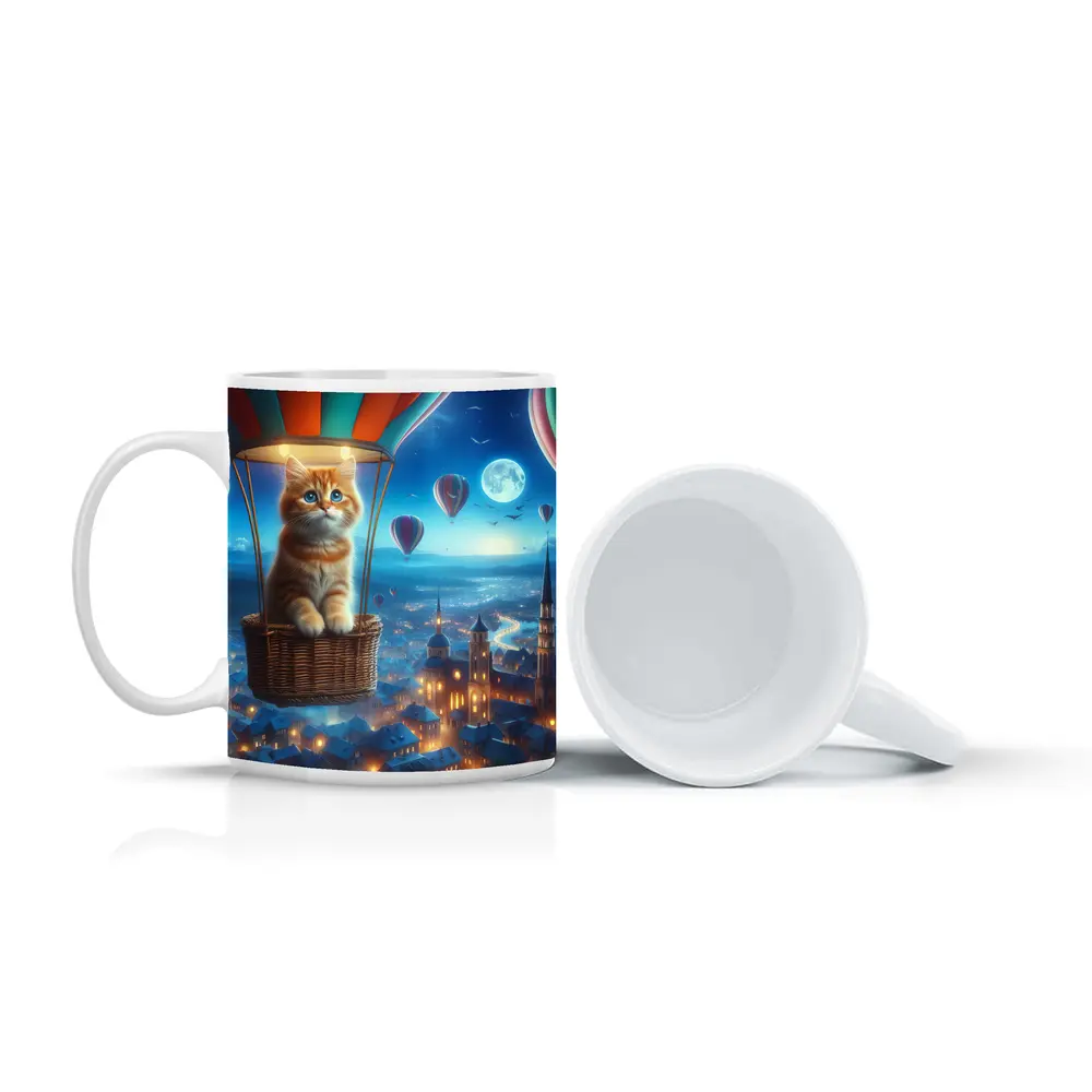 Ginger Kitten Hot Air Balloon Night City – Mugs