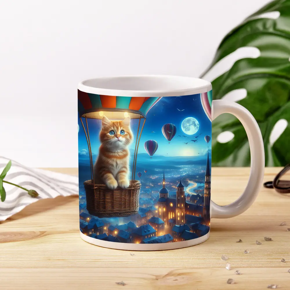 Ginger Kitten Hot Air Balloon Night City – Mugs