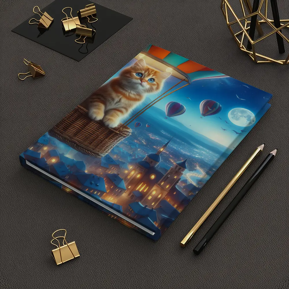 Ginger Kitten Hot Air Balloon Night City – Notebooks