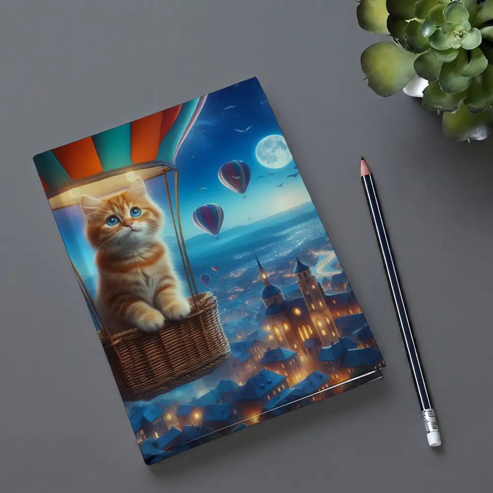 Ginger Kitten Hot Air Balloon Night City – Notebooks