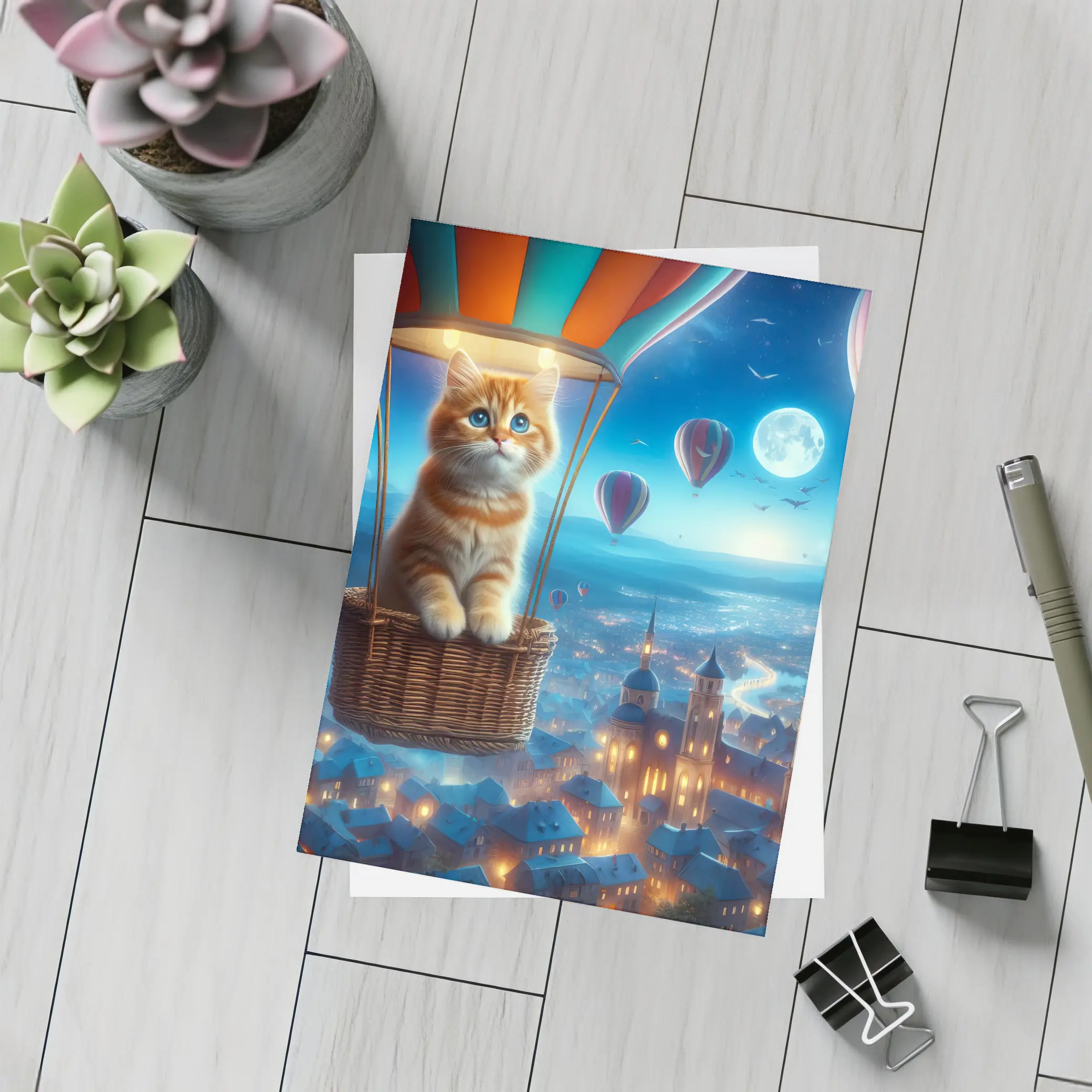 Ginger Kitten Hot Air Balloon Night City – Postcards