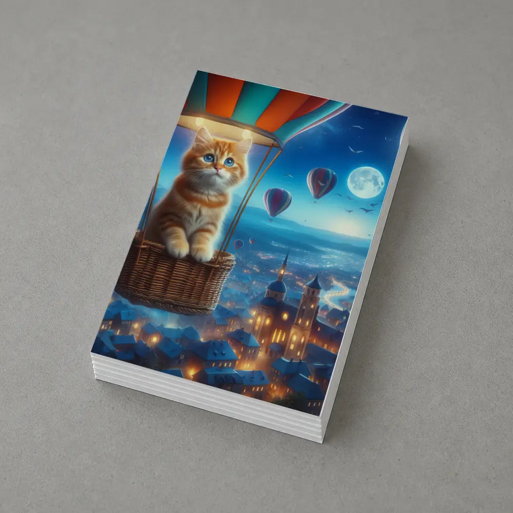 Ginger Kitten Hot Air Balloon Night City – Postcards