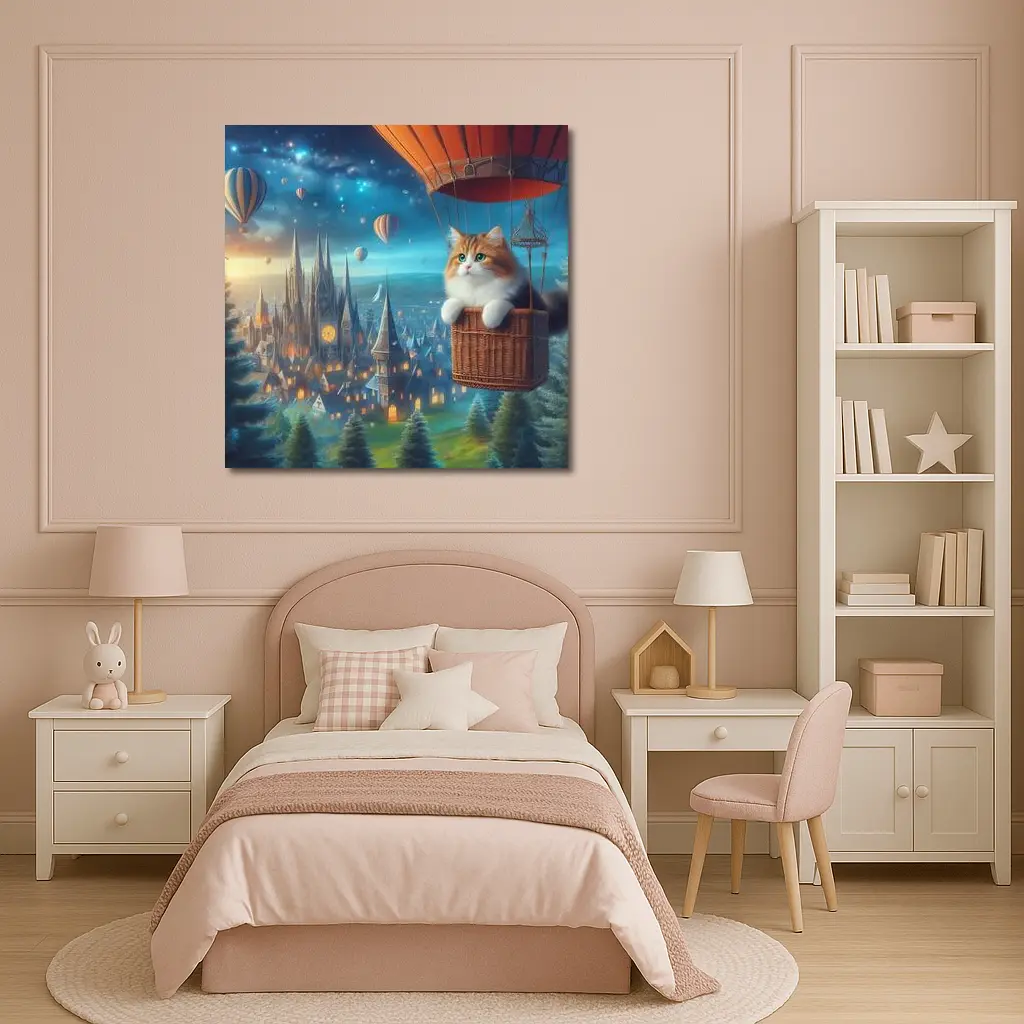 Fluffy Cat Hot Air Balloon Fantasy City – Wall Art