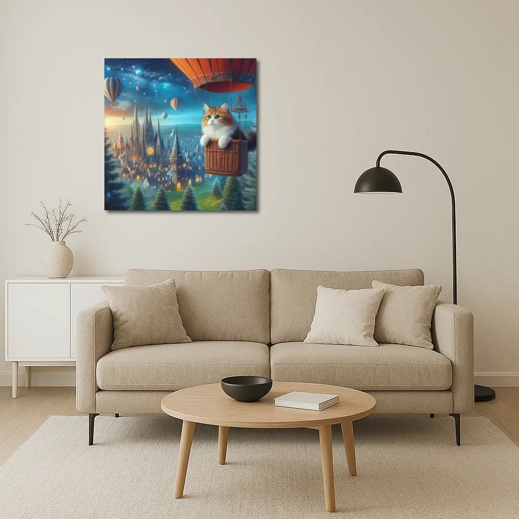 Fluffy Cat Hot Air Balloon Fantasy City – Wall Art