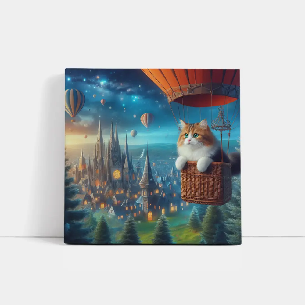 Fluffy Cat Hot Air Balloon Fantasy City – Wall Art