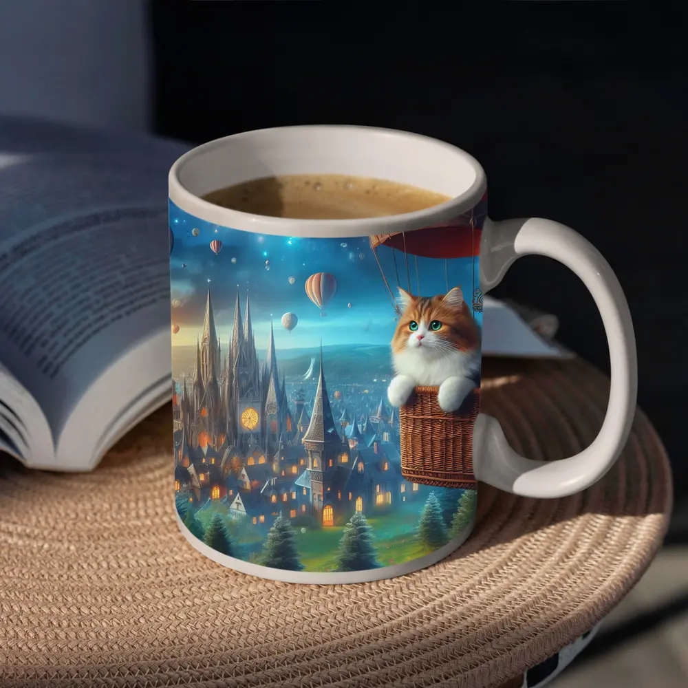 Fluffy Cat Hot Air Balloon Fantasy City – Mugs