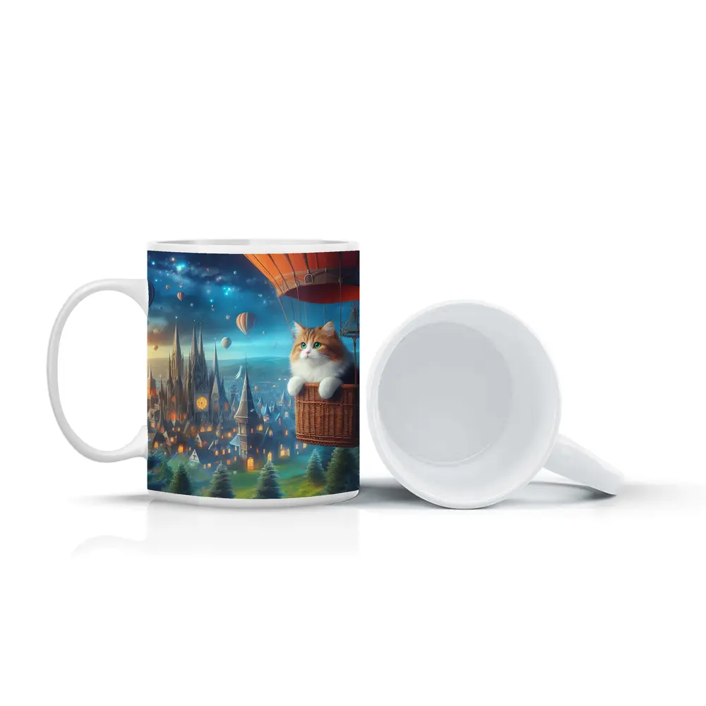 Fluffy Cat Hot Air Balloon Fantasy City – Mugs