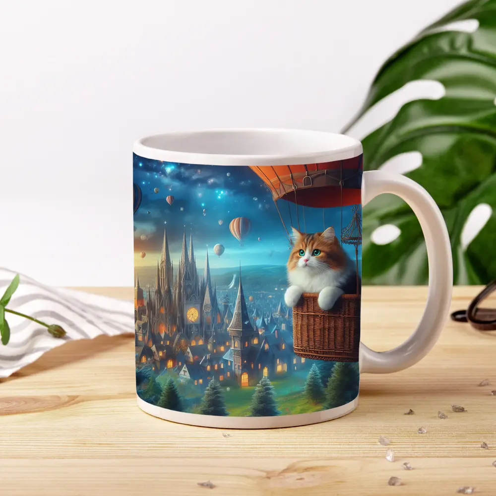 Fluffy Cat Hot Air Balloon Fantasy City – Mugs