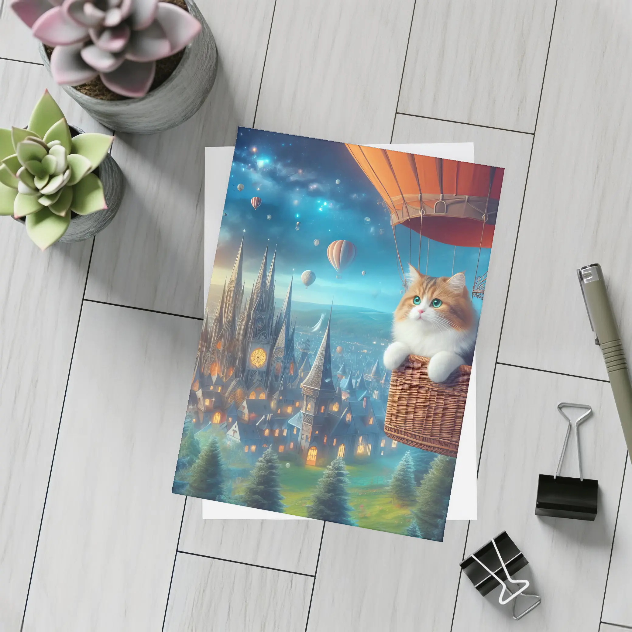 Fluffy Cat Hot Air Balloon Fantasy City – Postcards