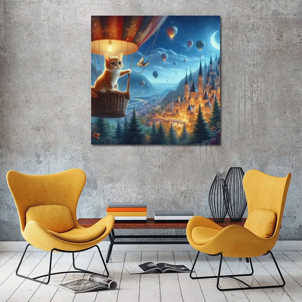 Kitten Hot Air Balloon Fantasy Castle Night – Wall Art