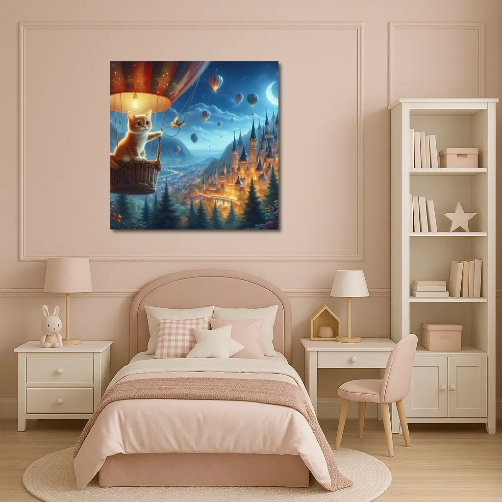 Kitten Hot Air Balloon Fantasy Castle Night – Wall Art