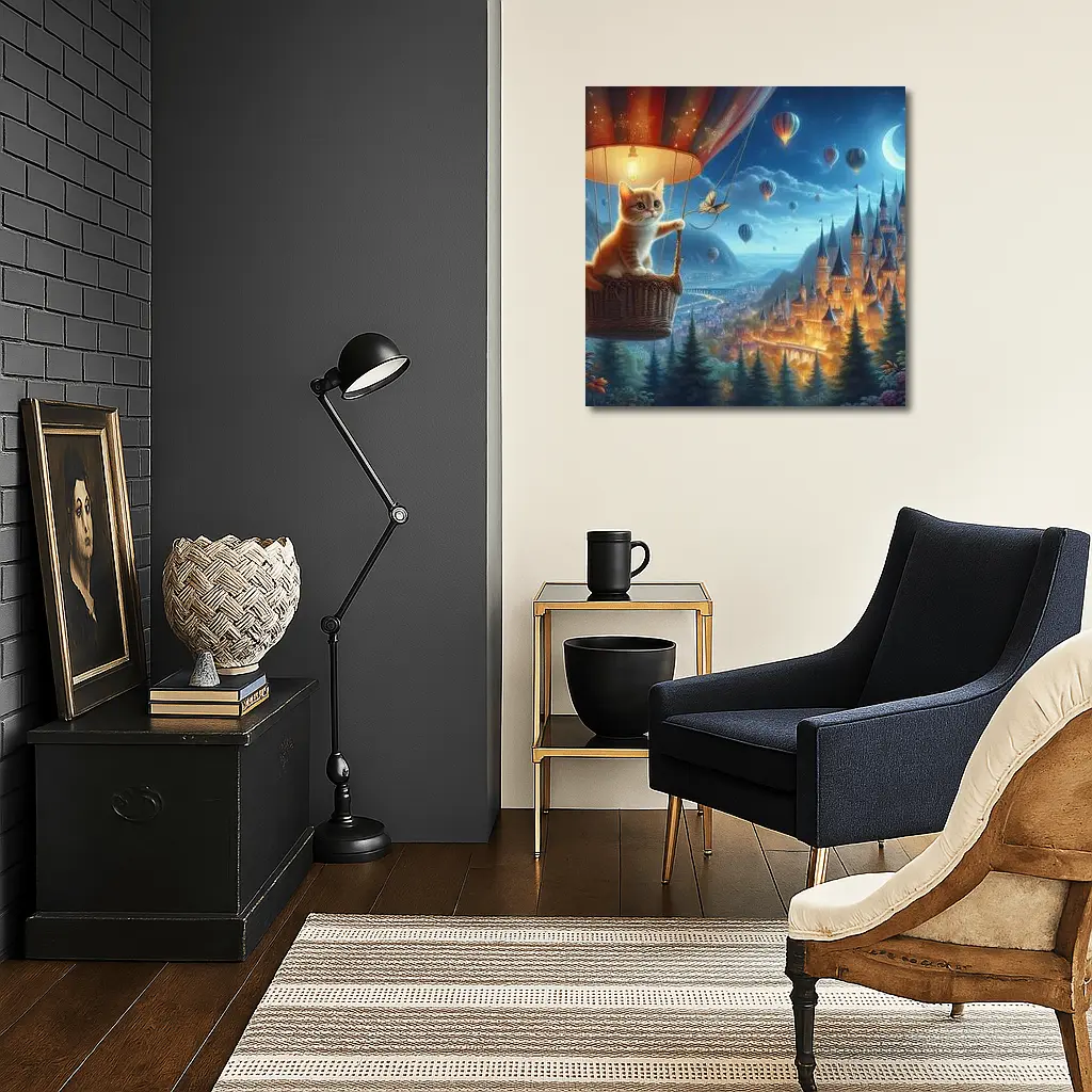 Kitten Hot Air Balloon Fantasy Castle Night – Wall Art