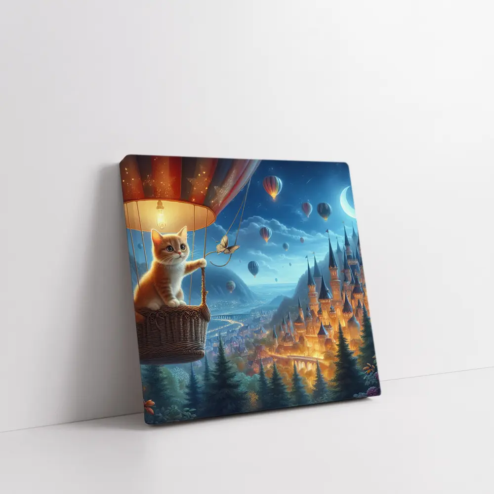 Kitten Hot Air Balloon Fantasy Castle Night – Wall Art