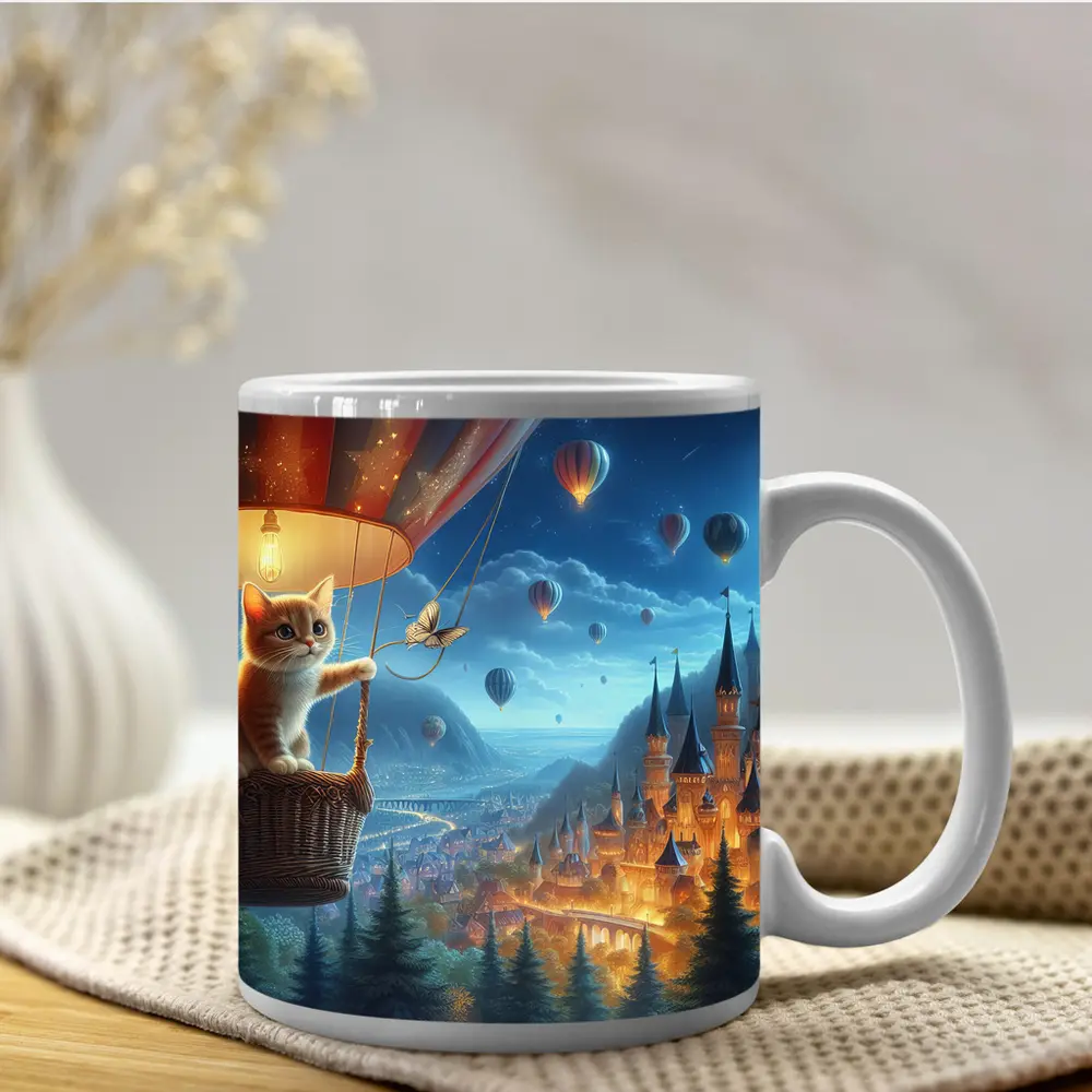 Kitten Hot Air Balloon Fantasy Castle Night – Mugs