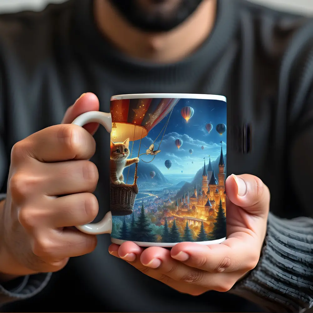 Kitten Hot Air Balloon Fantasy Castle Night – Mugs