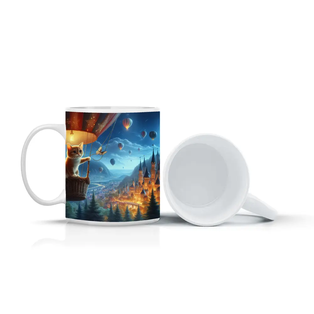 Kitten Hot Air Balloon Fantasy Castle Night – Mugs