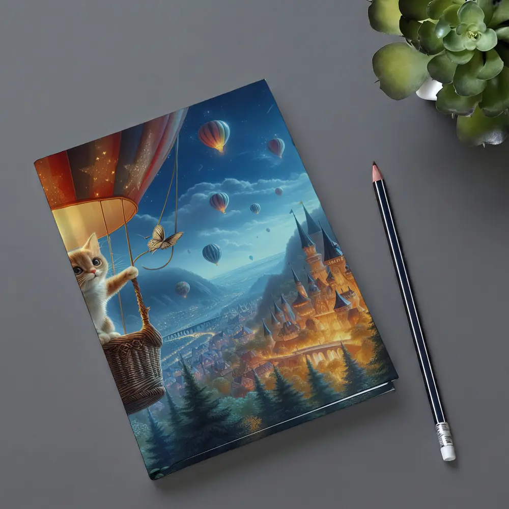 Kitten Hot Air Balloon Fantasy Castle Night – Notebooks