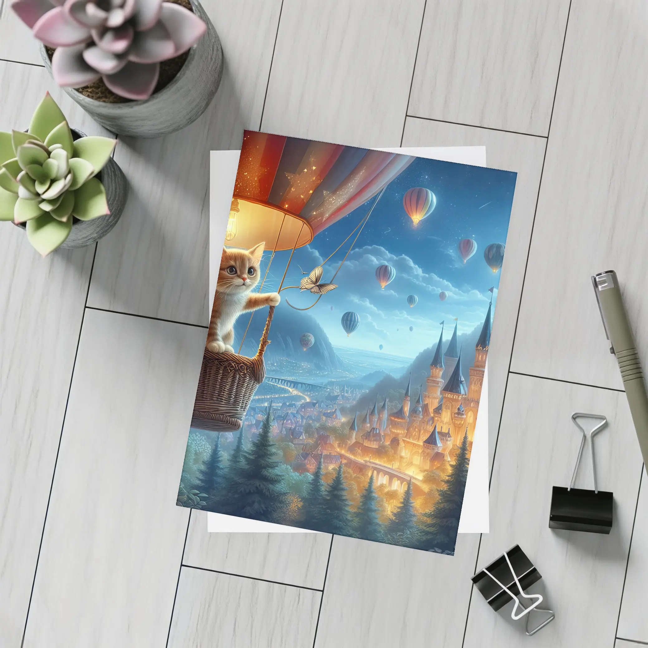Kitten Hot Air Balloon Fantasy Castle Night – Postcards