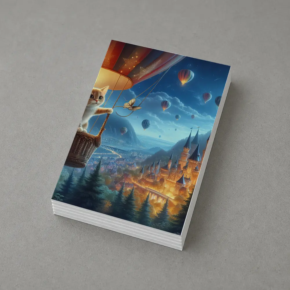 Kitten Hot Air Balloon Fantasy Castle Night – Postcards