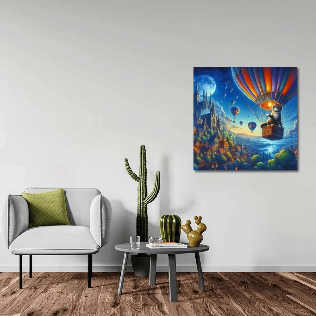 Cat Hot Air Balloon Fantasy Night Sky – Wall Art