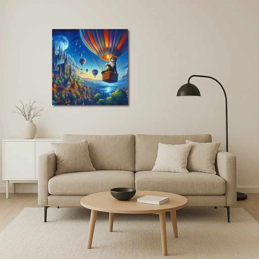Cat Hot Air Balloon Fantasy Night Sky – Wall Art