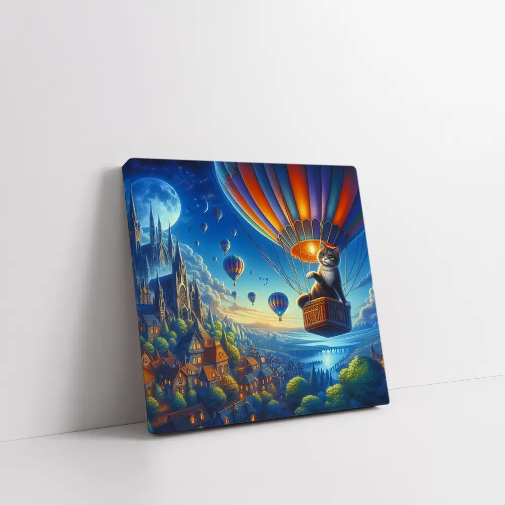 Cat Hot Air Balloon Fantasy Night Sky – Wall Art
