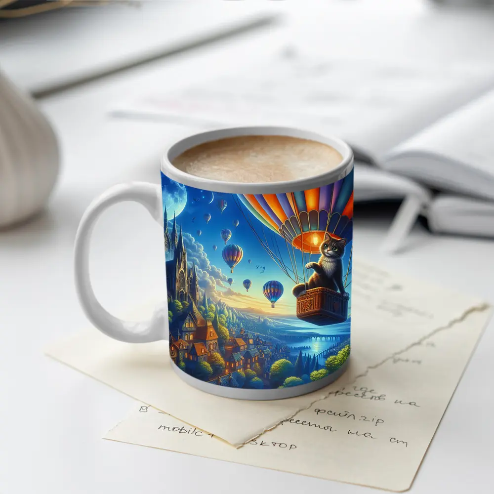 Cat Hot Air Balloon Fantasy Night Sky – Mugs