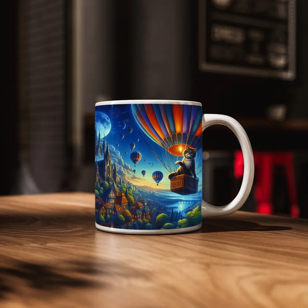 Cat Hot Air Balloon Fantasy Night Sky – Mugs