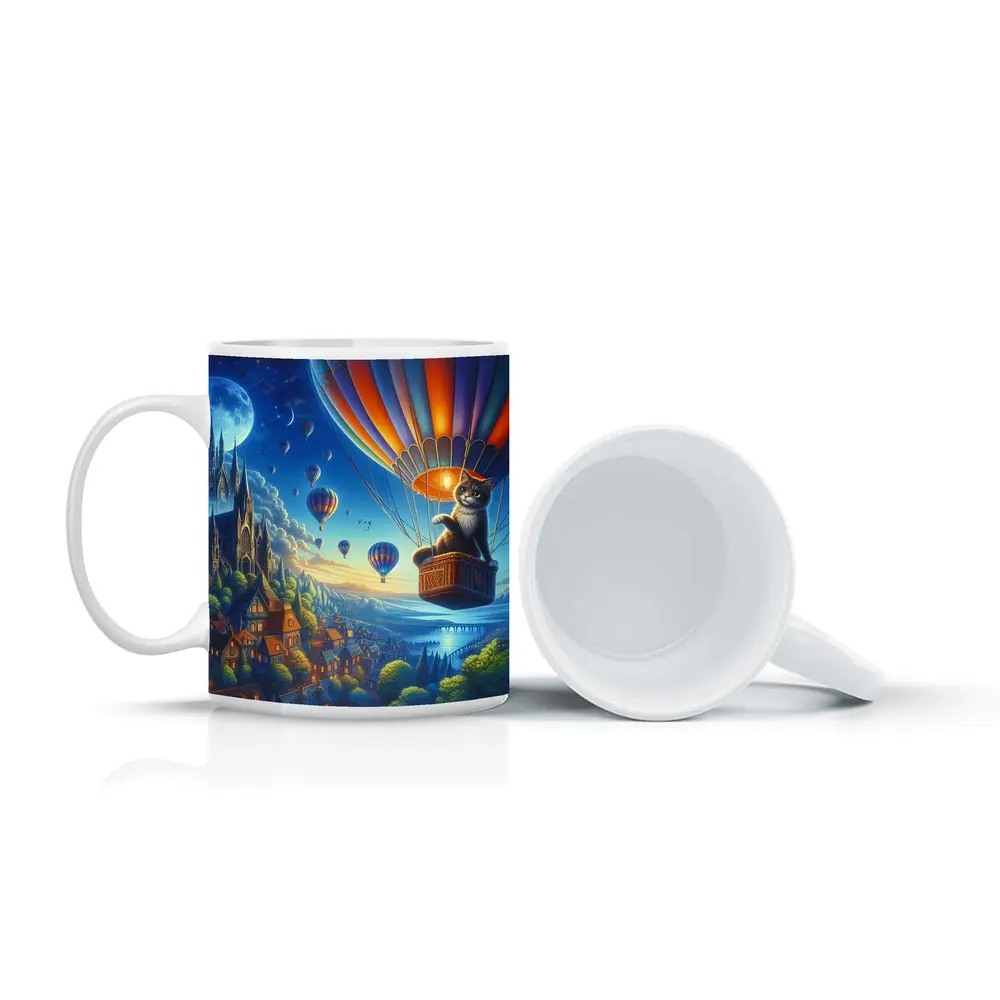 Cat Hot Air Balloon Fantasy Night Sky – Mugs