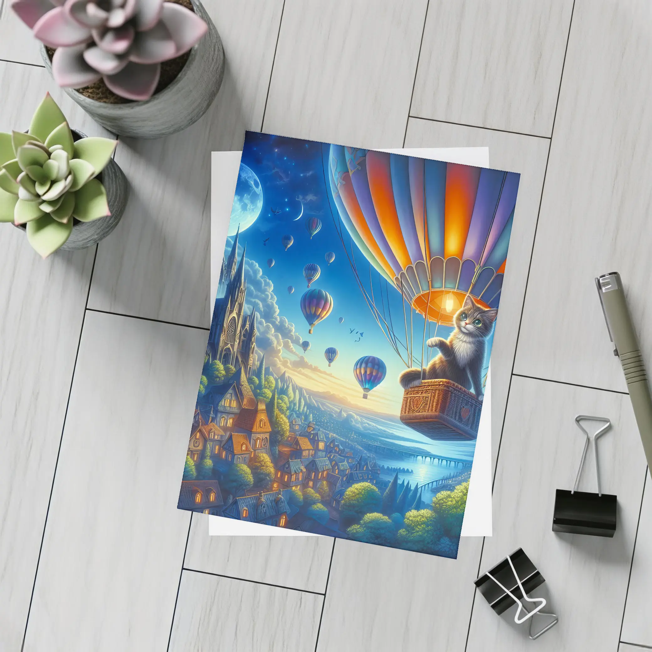 Cat Hot Air Balloon Fantasy Night Sky – Postcards