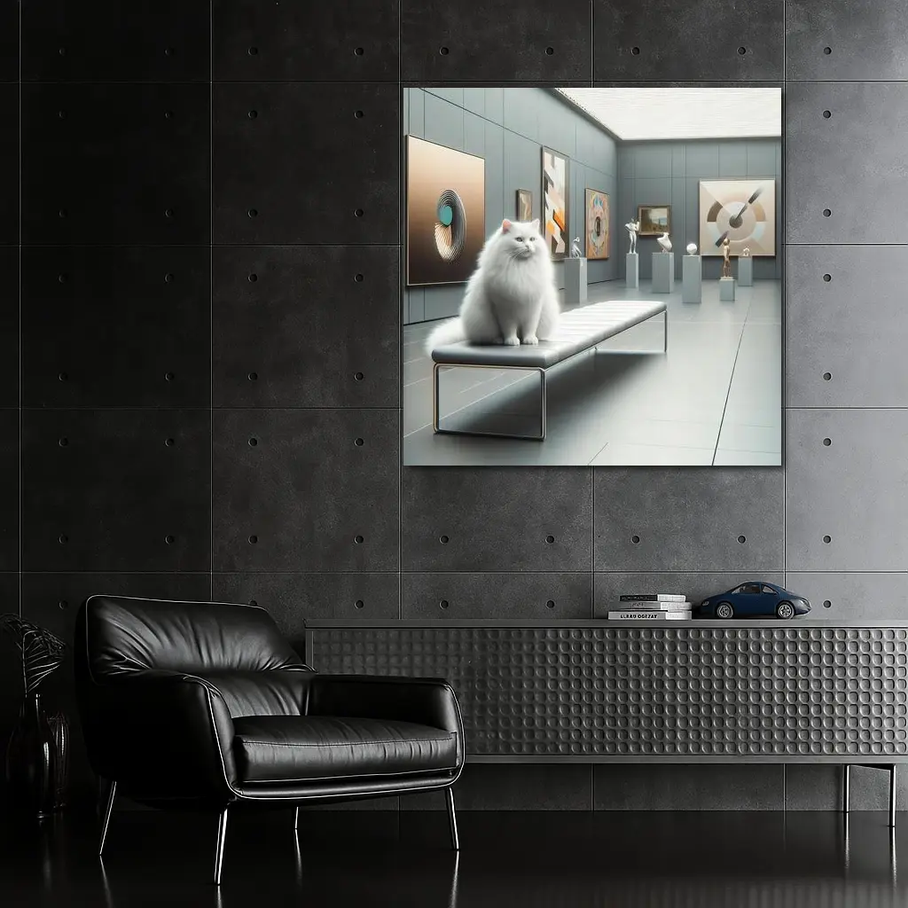 White Cat Sitting In Modern Art Gallery – Wall Art