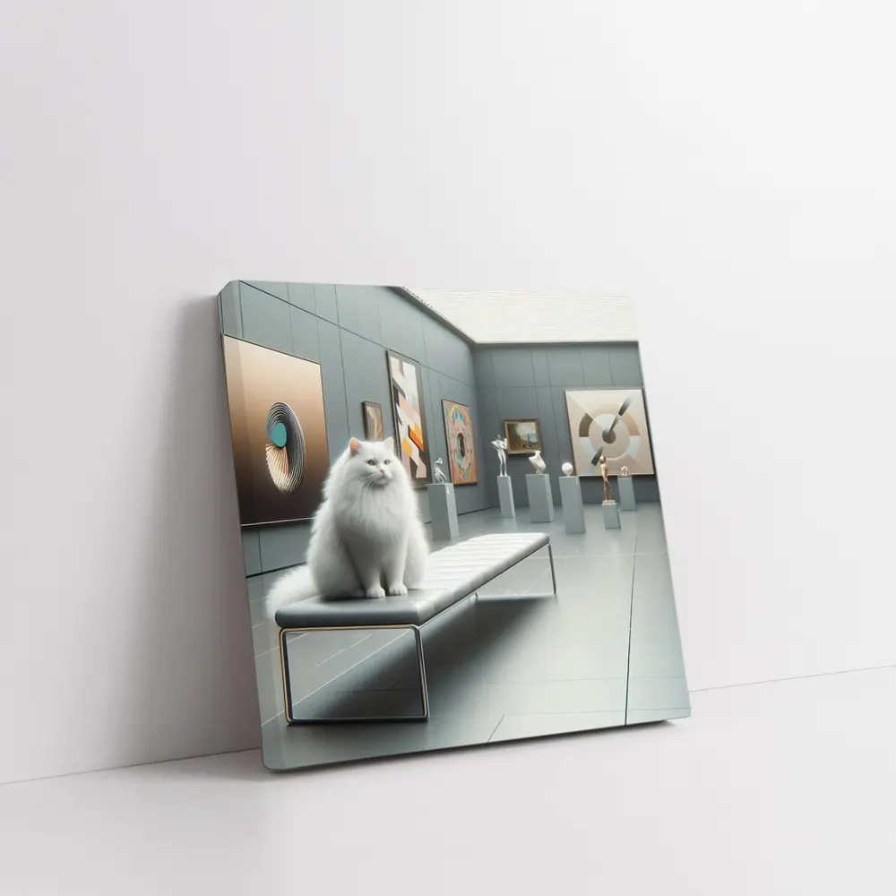 White Cat Sitting In Modern Art Gallery – Wall Art