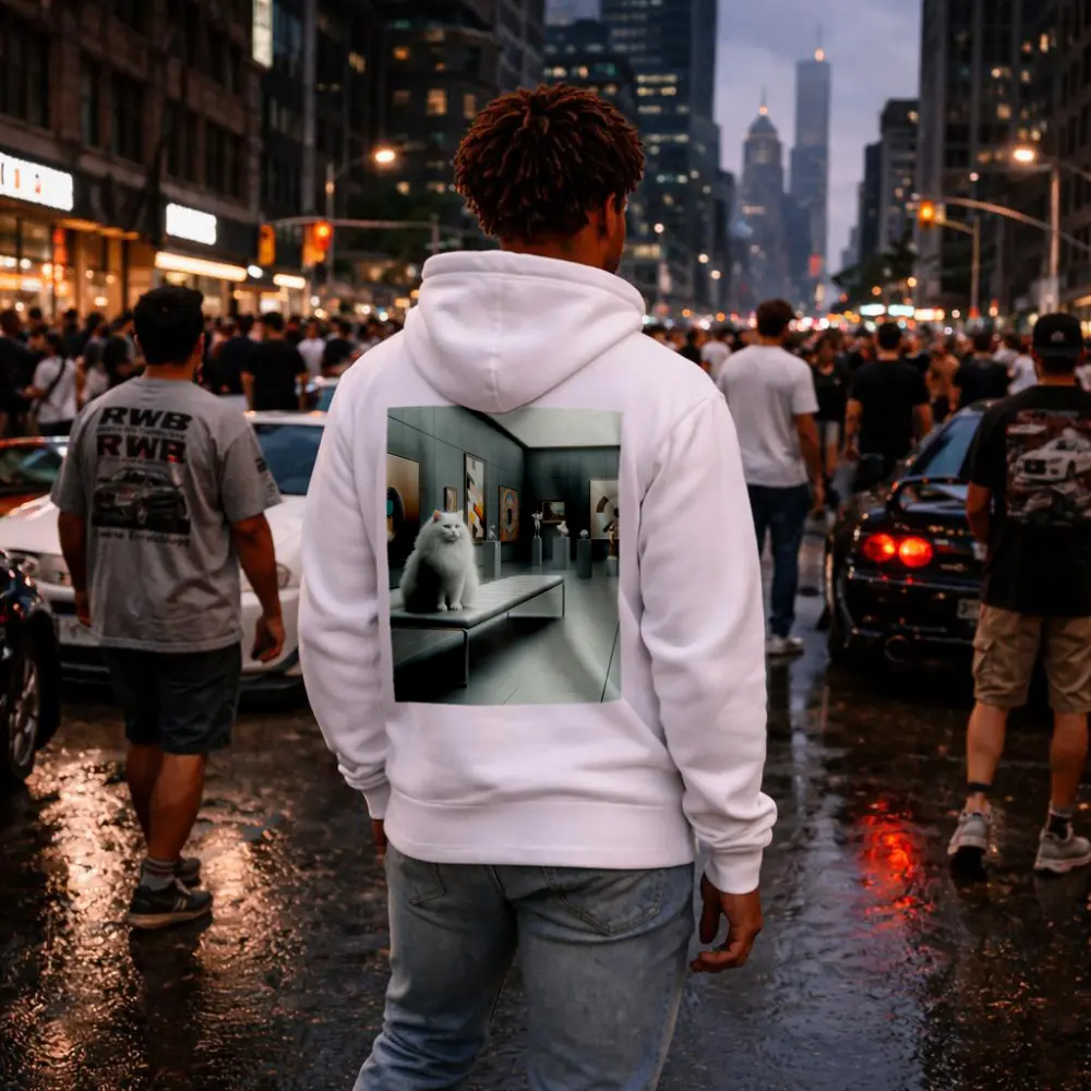 White Cat Sitting In Modern Art Gallery – Hoodies