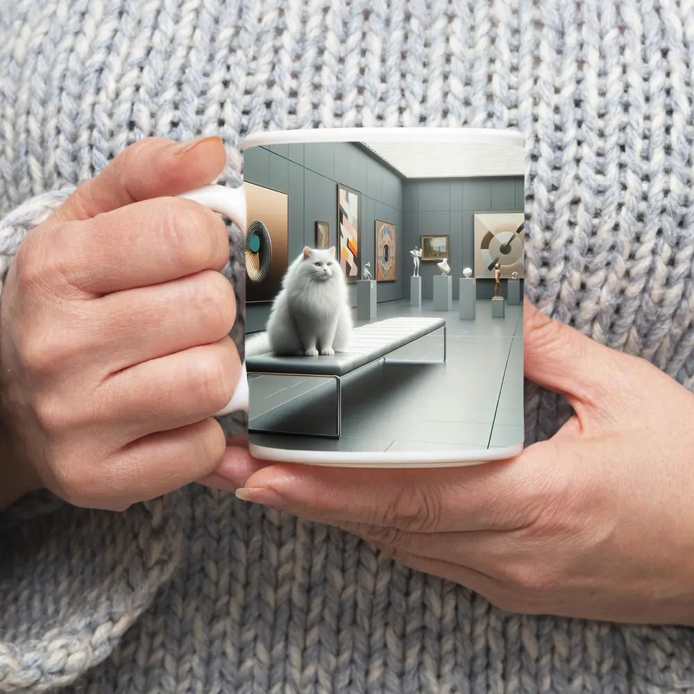 White Cat Sitting In Modern Art Gallery – Mugs