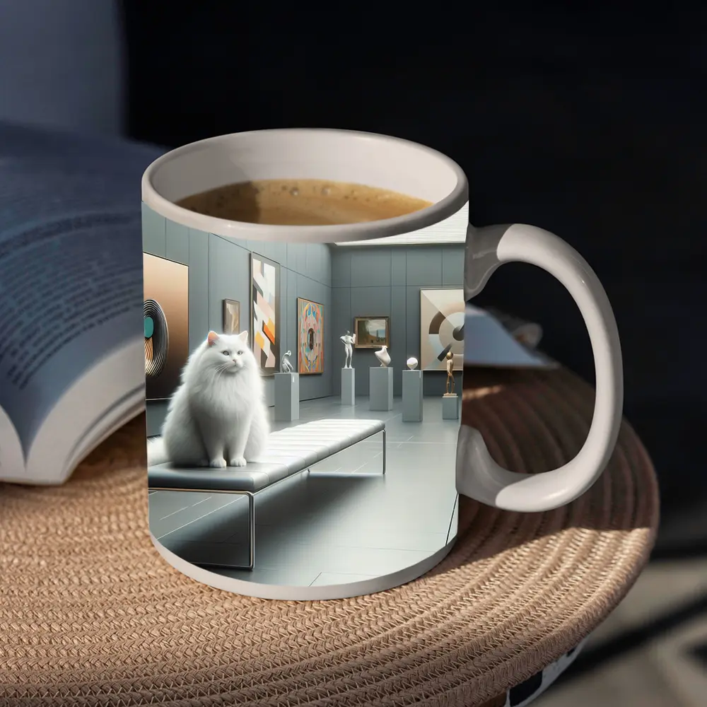 White Cat Sitting In Modern Art Gallery – Mugs
