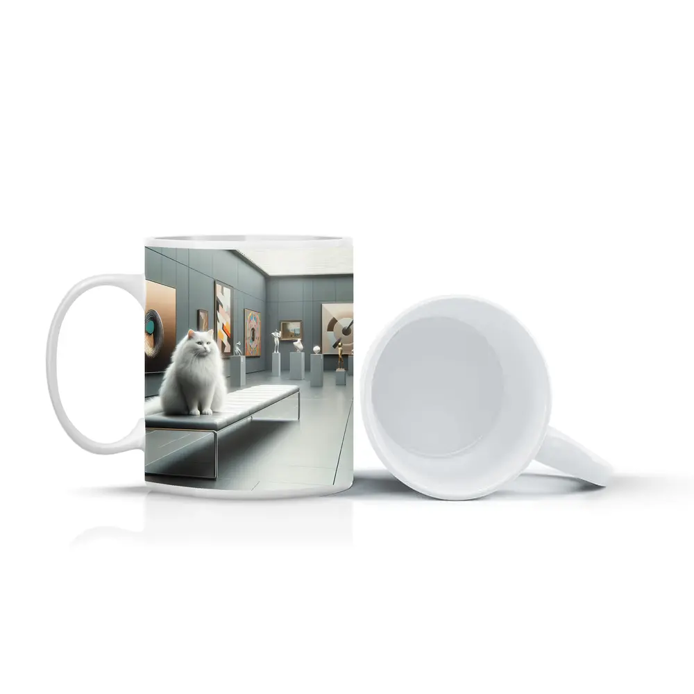 White Cat Sitting In Modern Art Gallery – Mugs