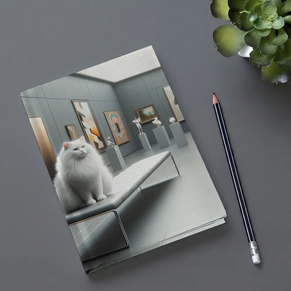 White Cat Sitting In Modern Art Gallery – Notebooks