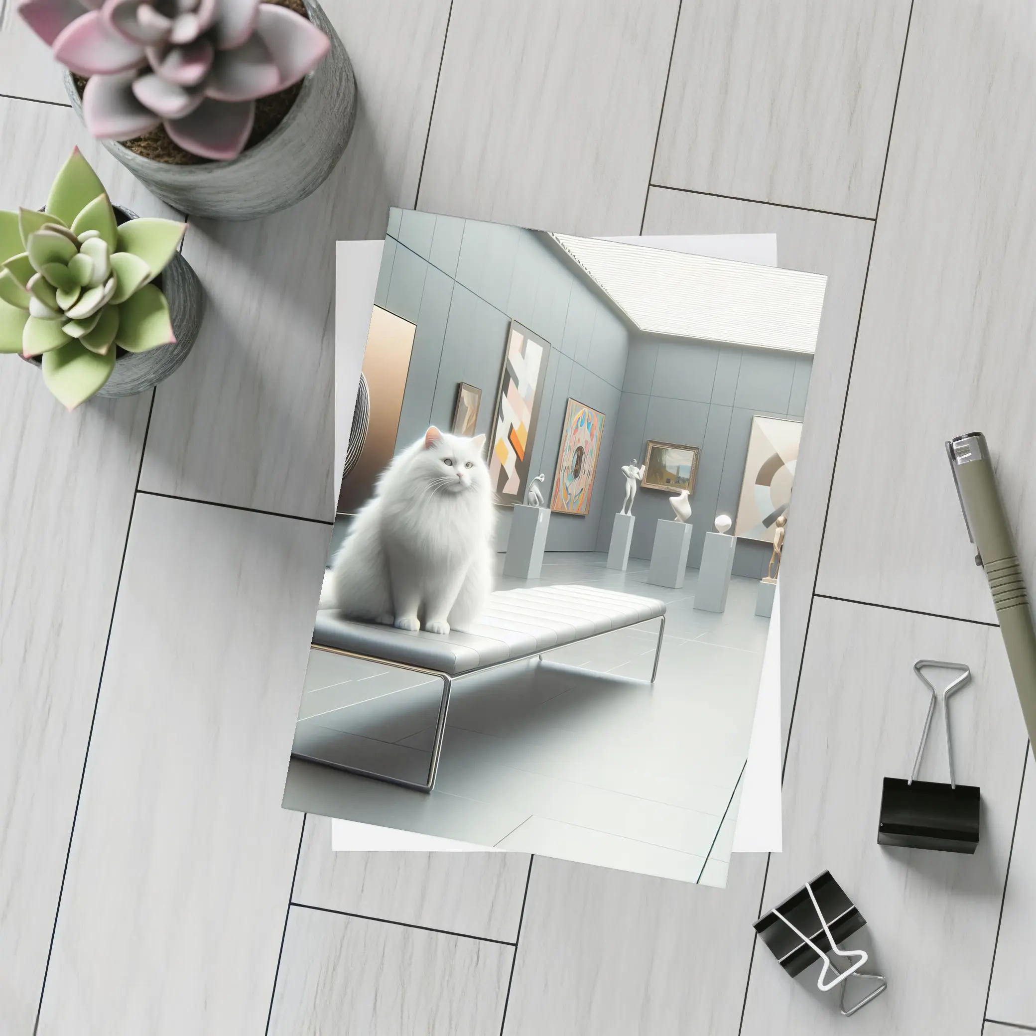 White Cat Sitting In Modern Art Gallery – Postcards