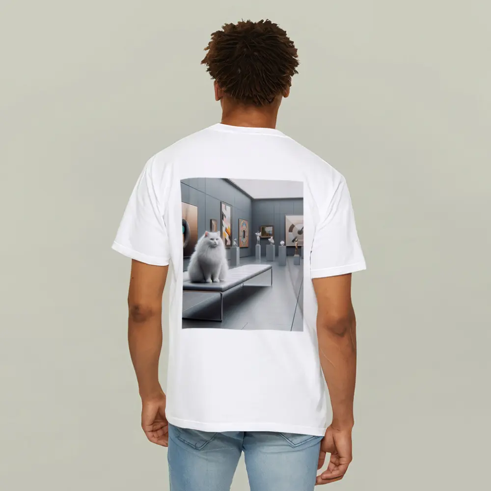 White Cat Sitting In Modern Art Gallery – T-Shirts