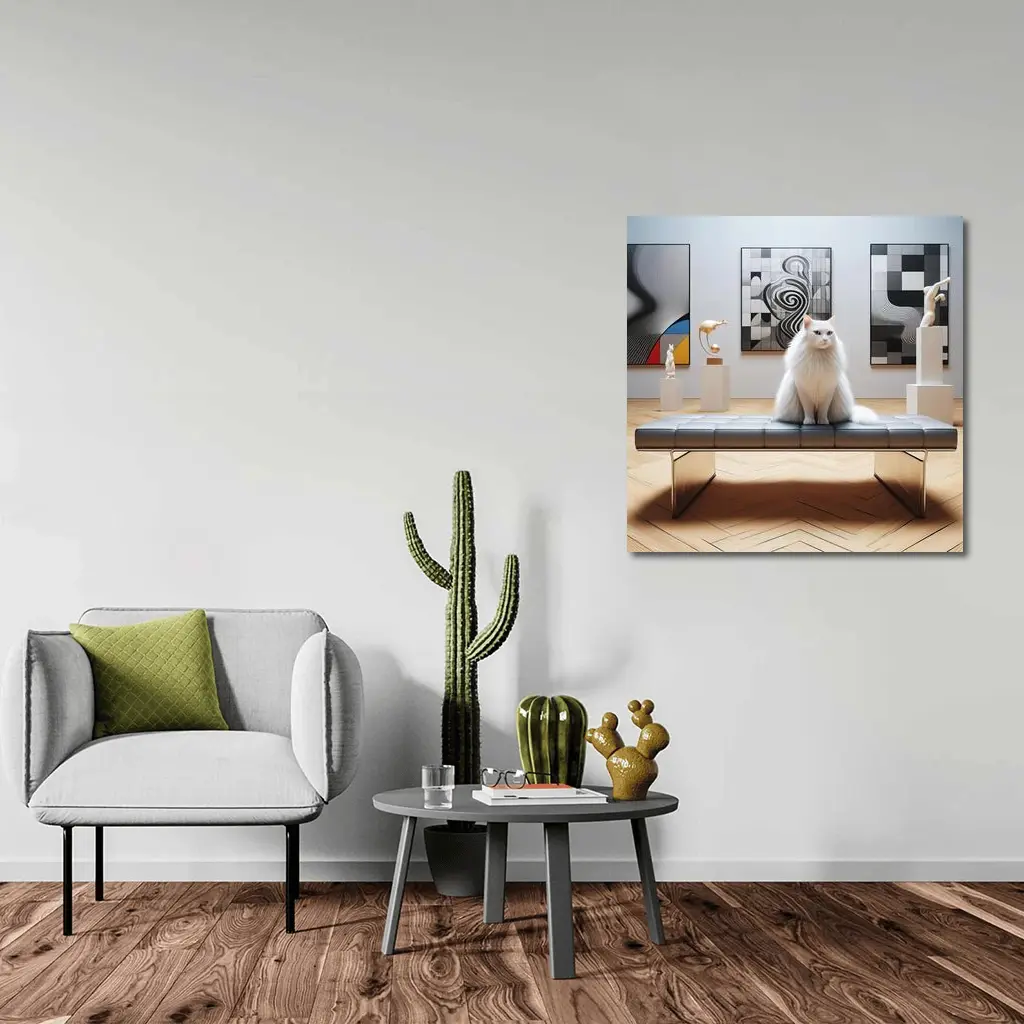 White Cat Sitting in Modern Art Gallery – Wall Art