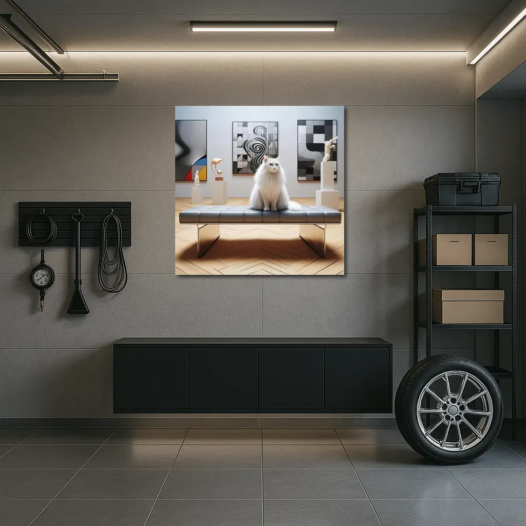 White Cat Sitting in Modern Art Gallery – Wall Art