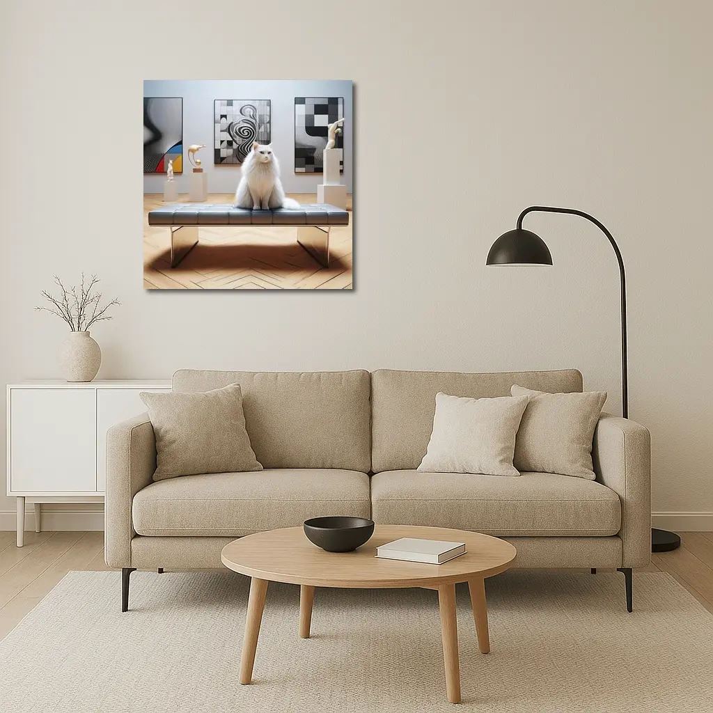 White Cat Sitting in Modern Art Gallery – Wall Art