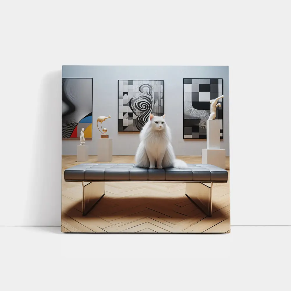 White Cat Sitting in Modern Art Gallery – Wall Art