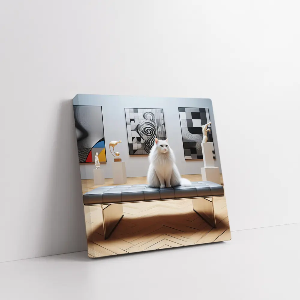 White Cat Sitting in Modern Art Gallery – Wall Art