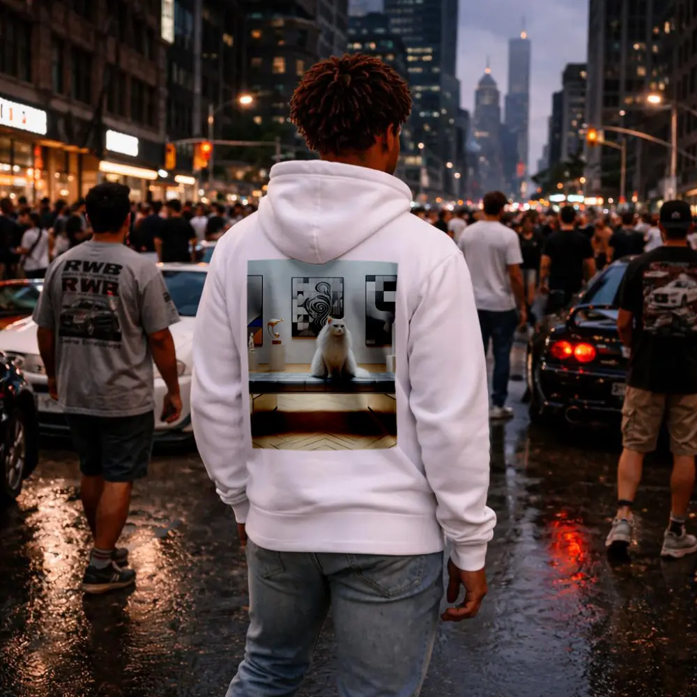 White Cat Sitting in Modern Art Gallery – Hoodies