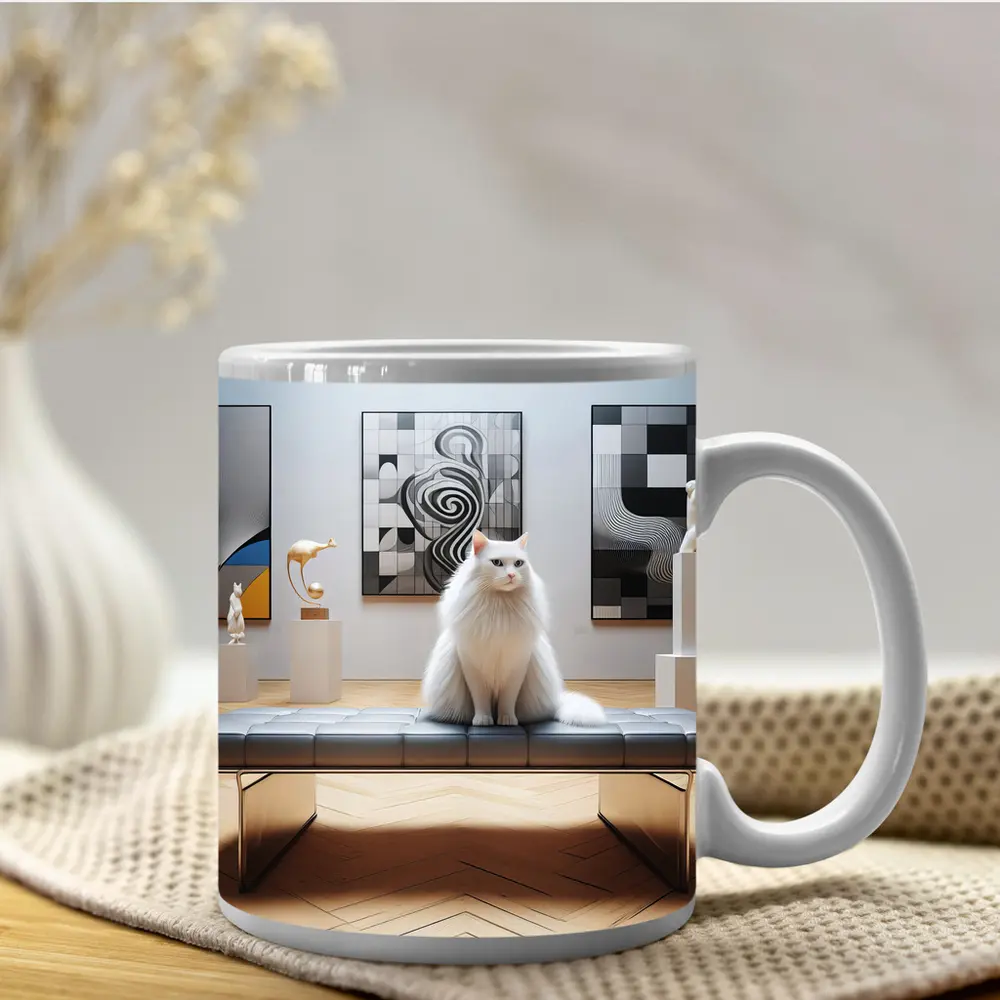 White Cat Sitting in Modern Art Gallery – Mugs
