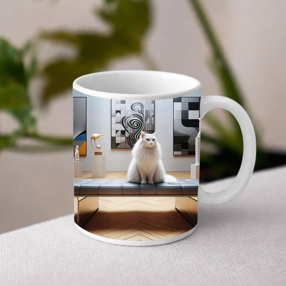 White Cat Sitting in Modern Art Gallery – Mugs