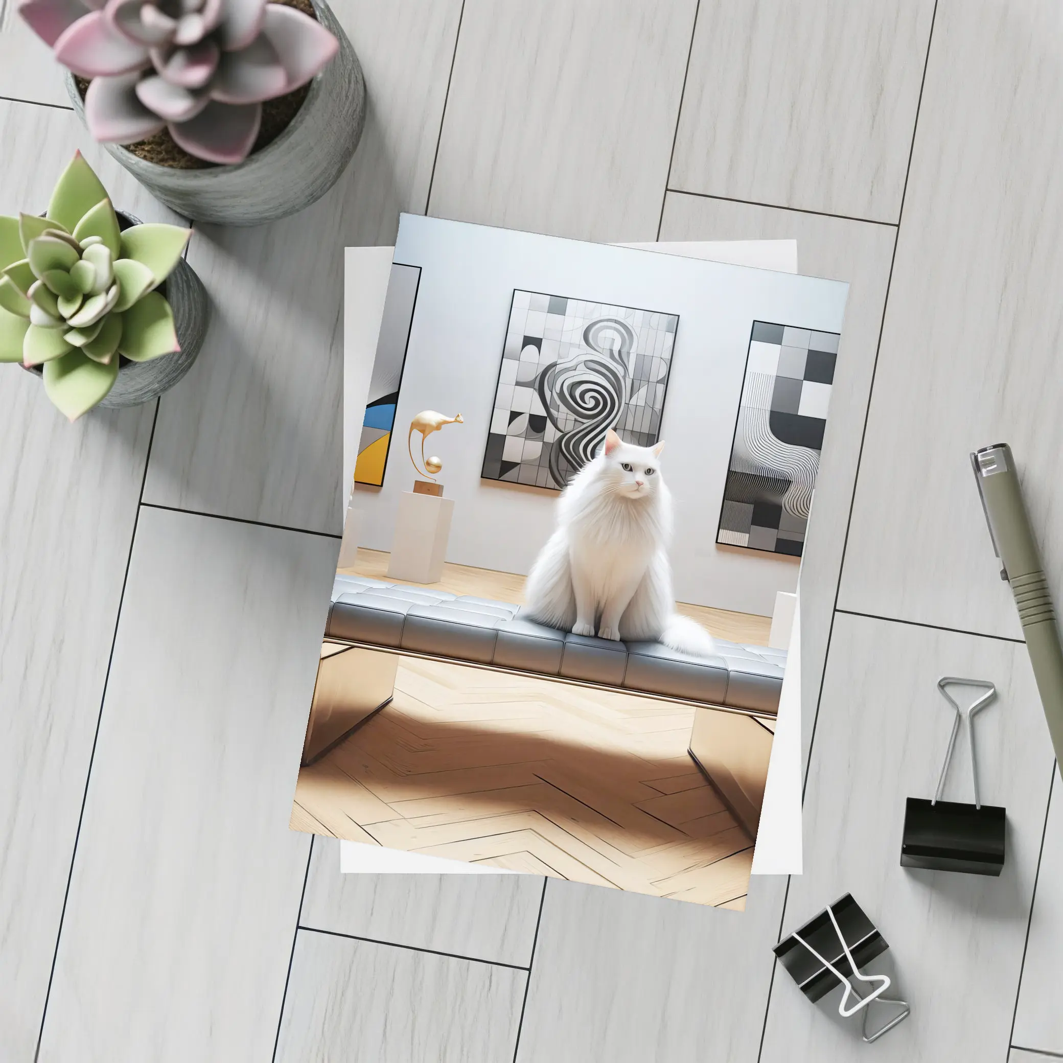 White Cat Sitting in Modern Art Gallery – Postcards