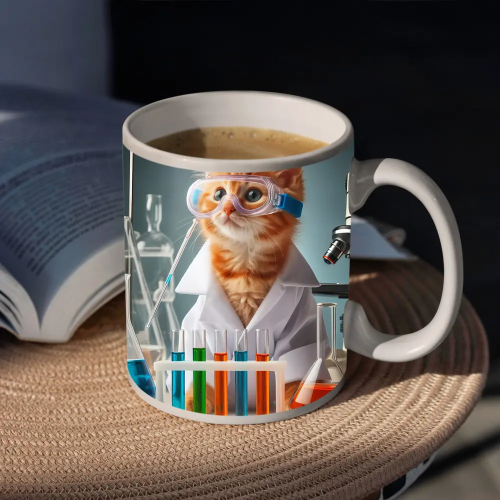 Orange Kitten Scientist In Laboratory Setting – Mugs